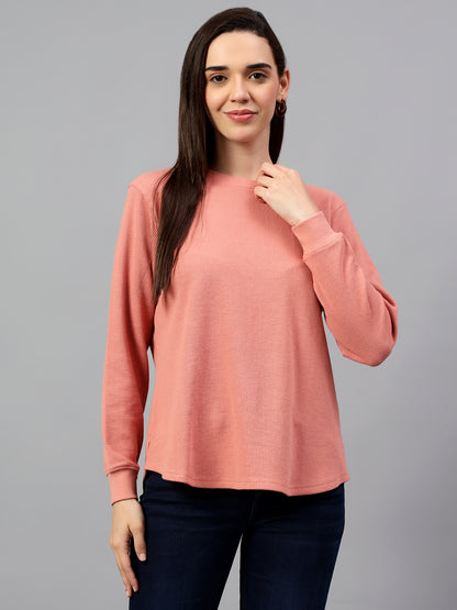 Women's Peach Self Design Round Neck Winter T-shirt