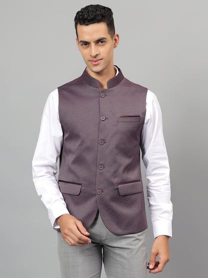 Men's Wine Self Design Partywear Waistcoat