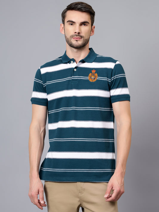 Men's Teal Blue Striped Polo Neck Half Sleeve T-shirt