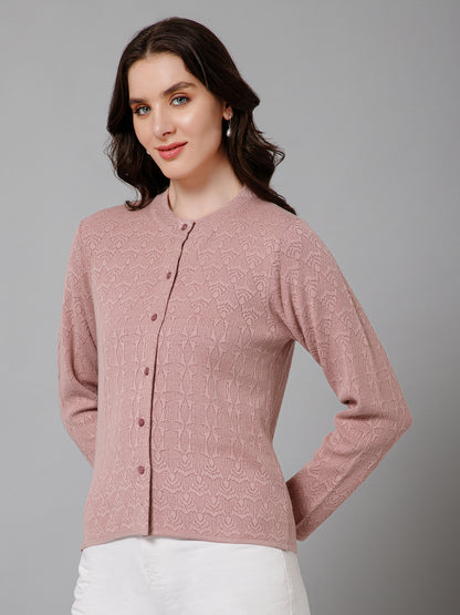 Women's Casual  Dark Pink Round neck Cardigan Sweater