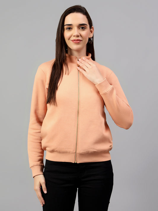 Women's Peach Solid Mock Collar Sweatshirt