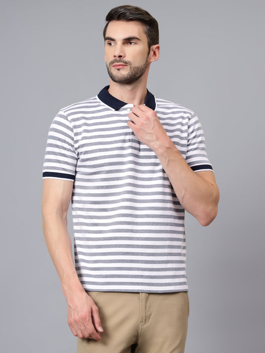 T-Shirt for Men | Breathable & Soft with Color Fastness Regular Fit Polo Neck Poly Cotton Fabric Striped Pattern