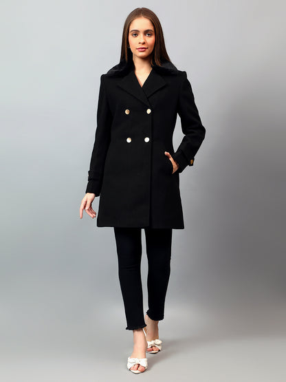 Women's Black Solid Full Sleeves Winter Long Coat