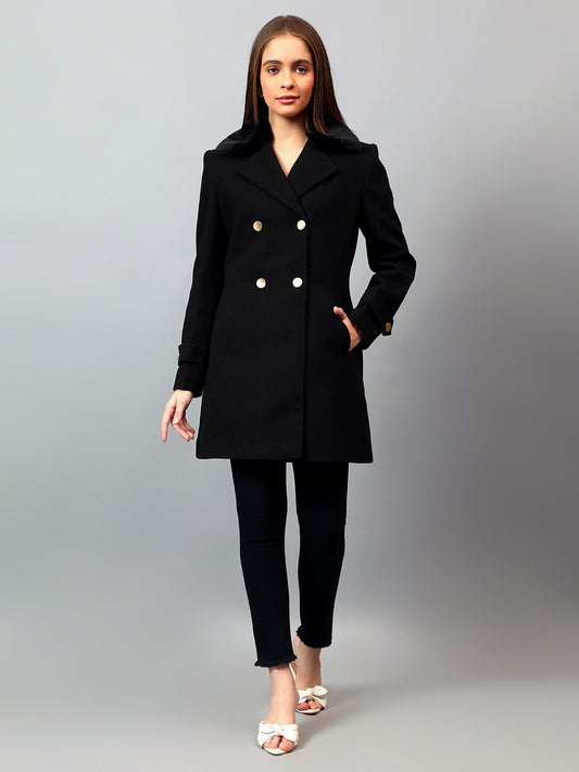 Women's Black Solid Full Sleeves Winter Long Coat