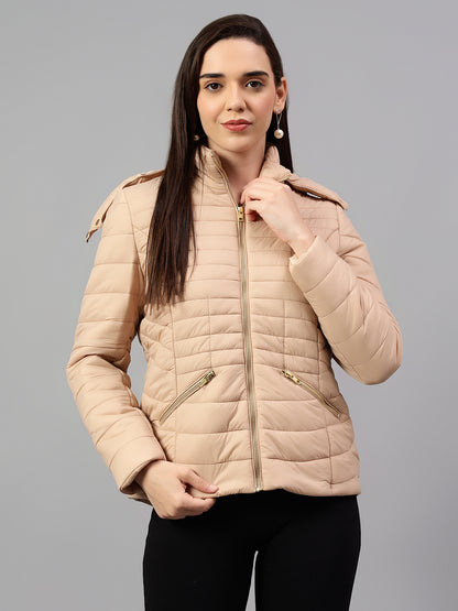 Women's Beige Solid Full Sleeves Winter Jacket