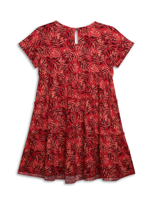 Cantabil Girls Rayon Floral Print Round Neck Half Sleeves Fit and Flare Red Casual Dress (7163135000715)