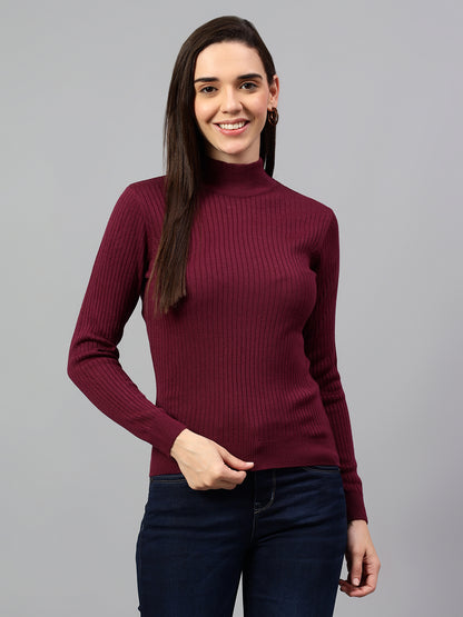 Women's Wine Self Design High Neck Skeevi