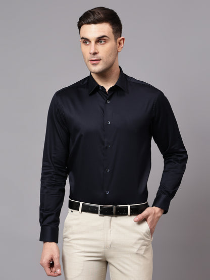 Men's Navy Blue Party Plain Satin Full Sleeve Shirt