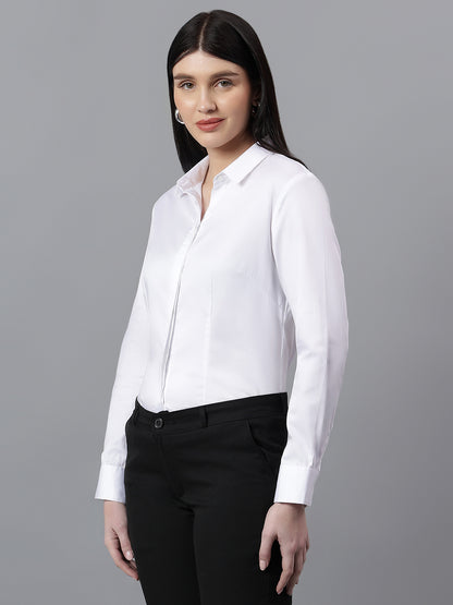 Women's Solid White Spread Collar Full Sleeves Formal Shirt