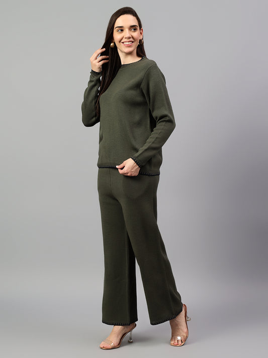 Women's Olive Green Solid Winter Co-Ord Set