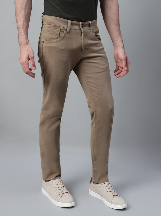 Men's Khaki Self Design Non-Pleated Casual Trouser