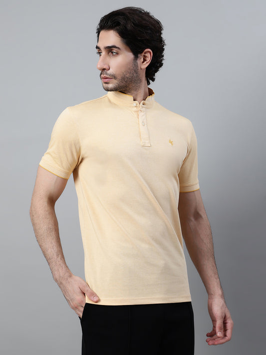 T-Shirt for Men | Breathable & Soft with Color Fastness Regular Fit Mandarin Collar Poly Cotton Fabric Solid Pattern