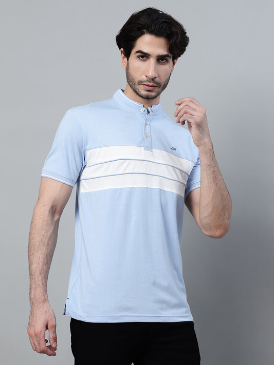 T-Shirt for Men | Breathable & Soft with Color Fastness Regular Fit Mandarin Collar Poly Cotton Fabric Colour Block Pattern