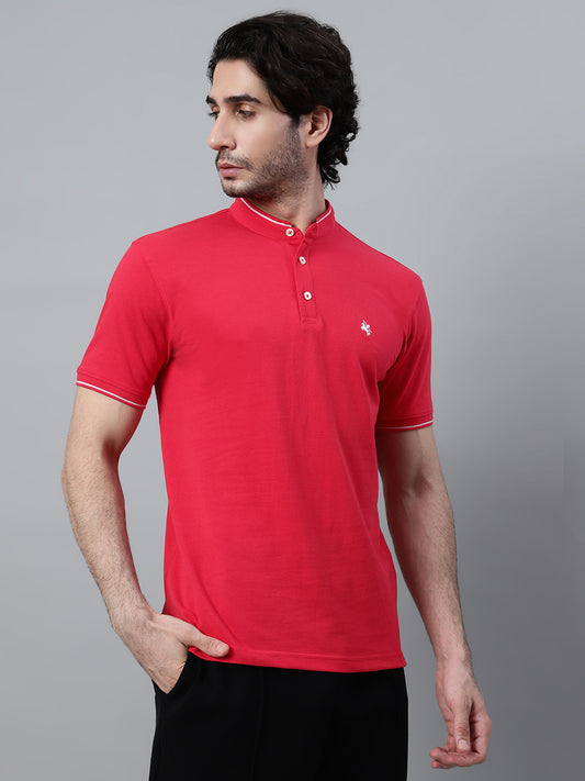 T-Shirt for Men | Breathable & Soft with Color Fastness Regular Fit Mandarin Collar Poly Cotton Fabric Solid Pattern
