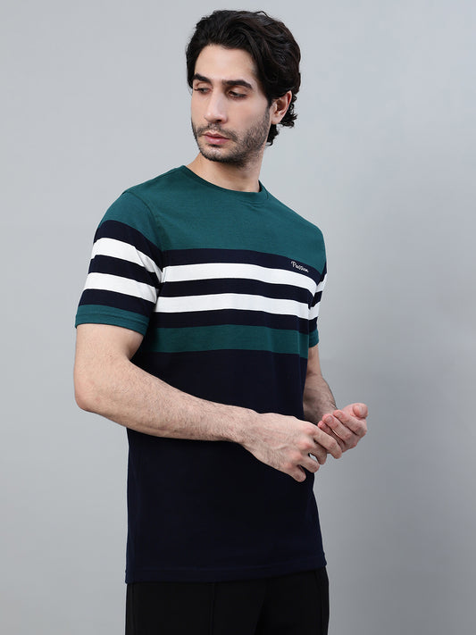 T-Shirt for Men | Breathable & Soft with Color Fastness Regular Fit Round Neck Poly Cotton Fabric Striped Pattern