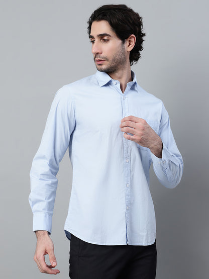 Men's Light Blue Casual Plain Stretch Full Sleeve Shirt