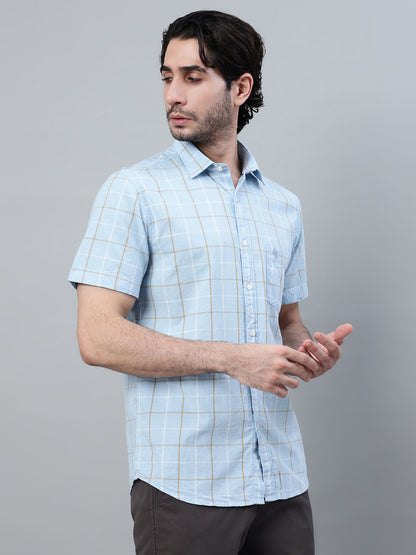 Men's Sky Blue Checkered Half Sleeve Casual Shirt