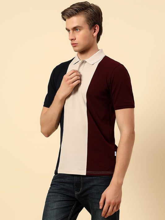 T-Shirt for Men | Breathable & Soft with Color Fastness Regular Fit Polo Neck Poly Cotton Fabric Colourblocked Pattern