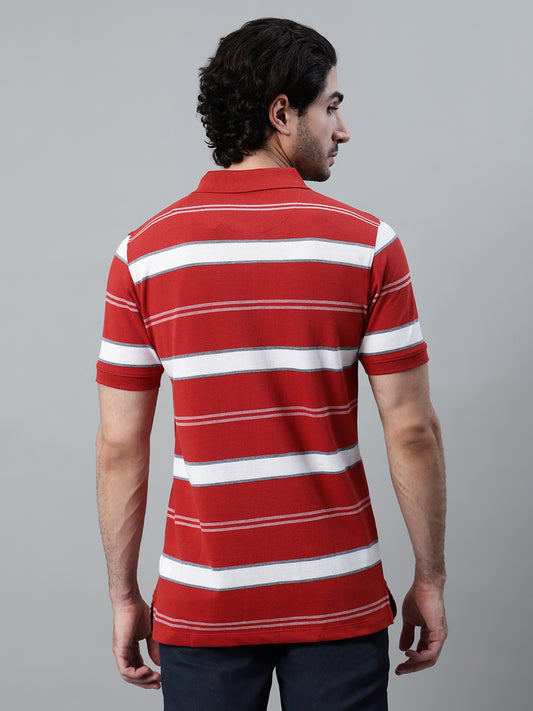 T-Shirt for Men | Breathable & Soft with Color Fastness Regular Fit Polo Neck Poly Cotton Fabric Striped Pattern