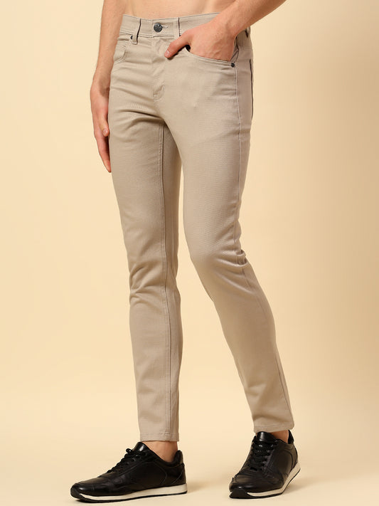 Casual Trouser for Men | Breathable & Soft with Color Fastness Regular Fit Cotton Stretch Fabric Self Design Pattern Button Closure