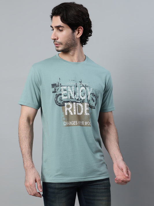 Men's Pista Green Regular Fit Printed Half Sleeve Casual T-Shirt