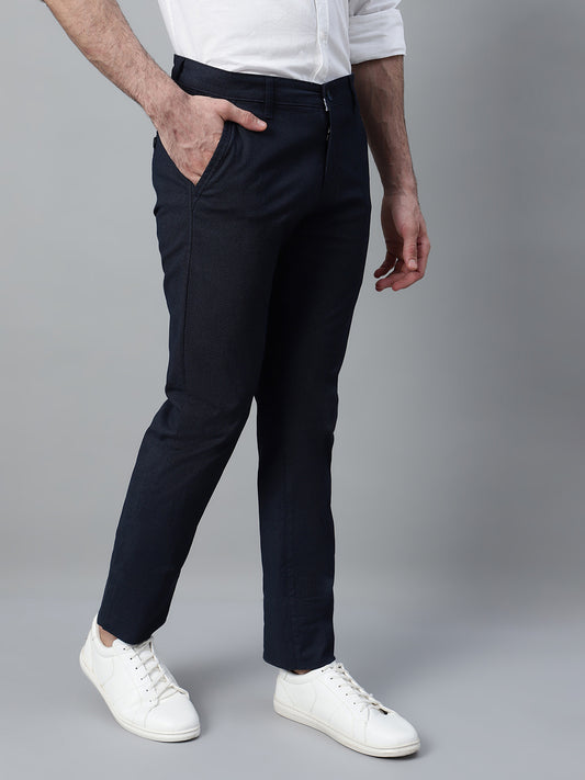 Men's Navy Blue Self Design Non-Pleated Casual Trouser