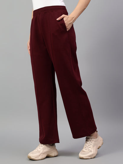 Women's Wine Solid Casual Winter Trouser