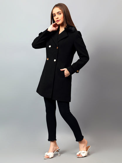 Women's Black Solid Full Sleeves Winter Long Coat