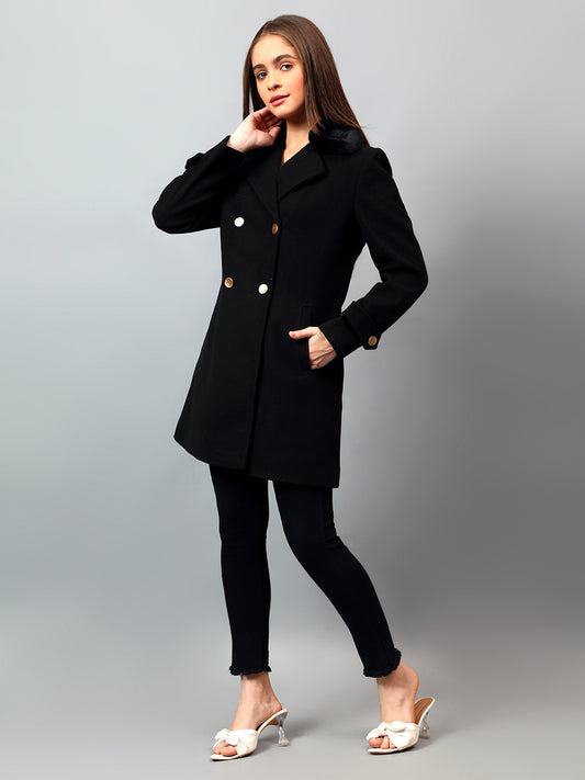 Women's Black Solid Full Sleeves Winter Long Coat