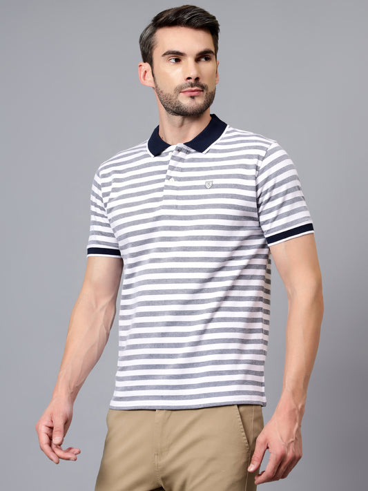 T-Shirt for Men | Breathable & Soft with Color Fastness Regular Fit Polo Neck Poly Cotton Fabric Striped Pattern