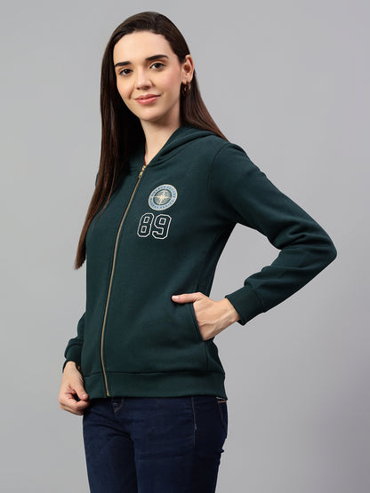 Women's Teal Green Printed Hoody Neck Sweatshirt