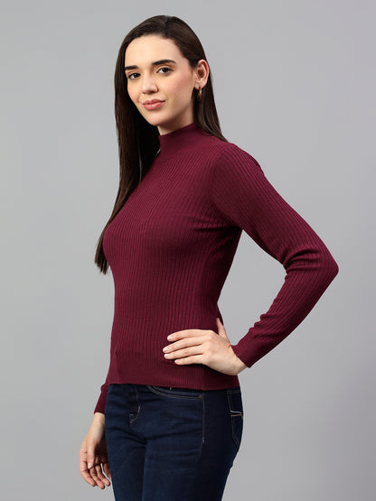 Women's Wine Self Design High Neck Skeevi