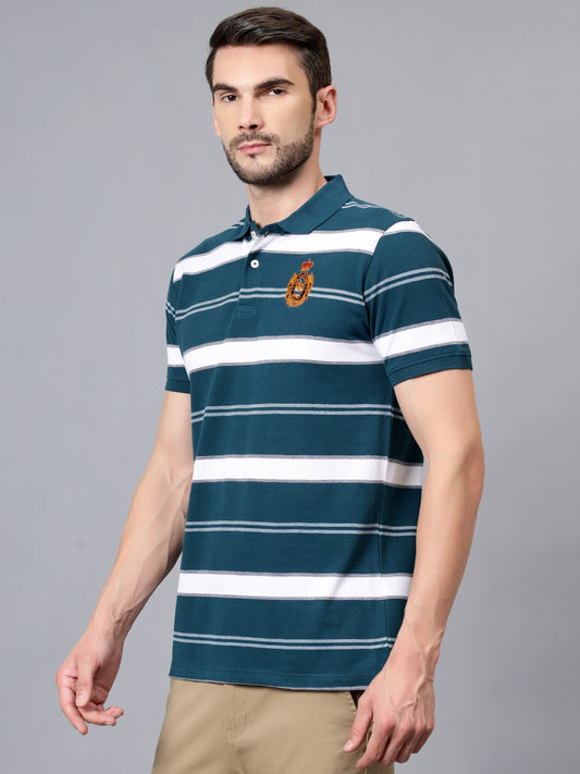 Men's Teal Blue Striped Polo Neck Half Sleeve T-shirt