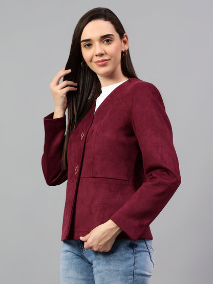 Women's Wine Solid Casual Winter Blazer