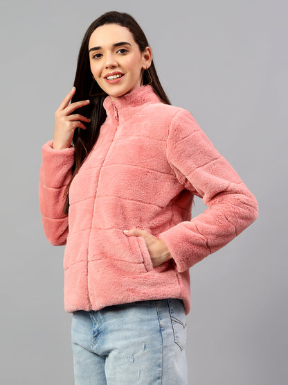 Women's Pink Solid Full Sleeves Winter Jacket