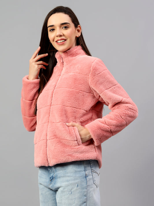 Women's Pink Solid Full Sleeves Winter Jacket