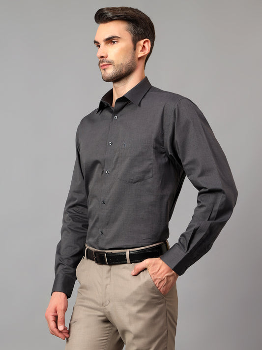 Men's Dark Grey Formal Fil a Fil Plain Full Sleeve Shirt