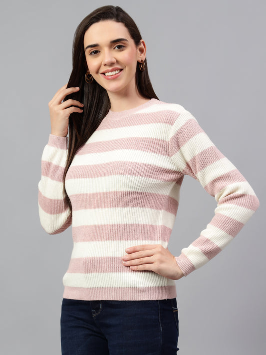 Women's Striped Pink Full Sleeve Casual Sweater