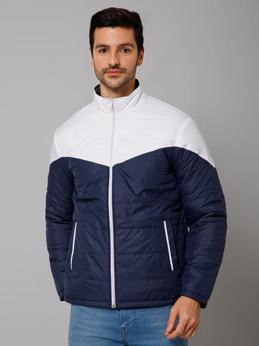 Color Blocked Navy and Grey Full Sleeves Mock Collar Regular Fit Reversible Casual Jacket For Men