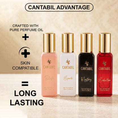 Cantabil Luxury Long Lasting Perfume Gift Set for Men & Women | Pack of 4 x 20ml Each | Mystery, Blush, Seduction & Spark Premium Eau De Parfum Fragrances
