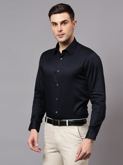 Men's Navy Blue Party Plain Satin Full Sleeve Shirt