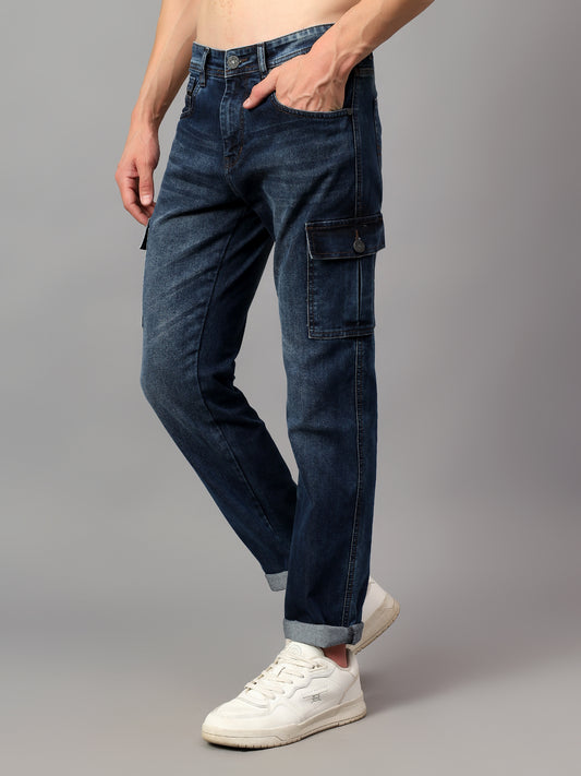 Men's Blue Solid Full Length Stretchable Cargo