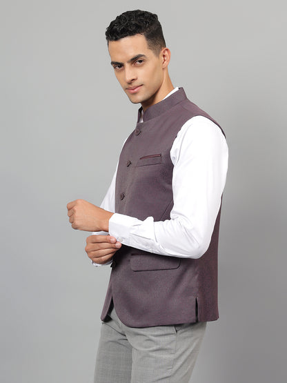 Men's Wine Self Design Partywear Waistcoat