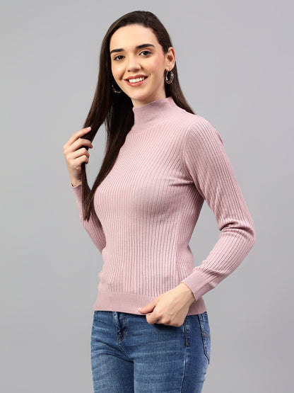 Women's Pink Self Design High Neck Skeevi