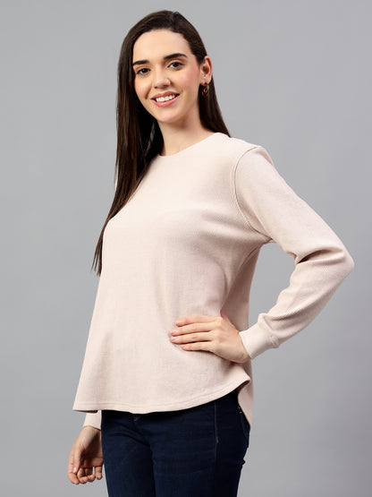 Women's Pink Self Design Round Neck Winter T-shirt