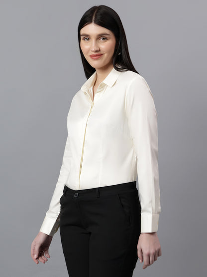 Women's Solid Off-White Spread Collar Full Sleeves Formal Shirt