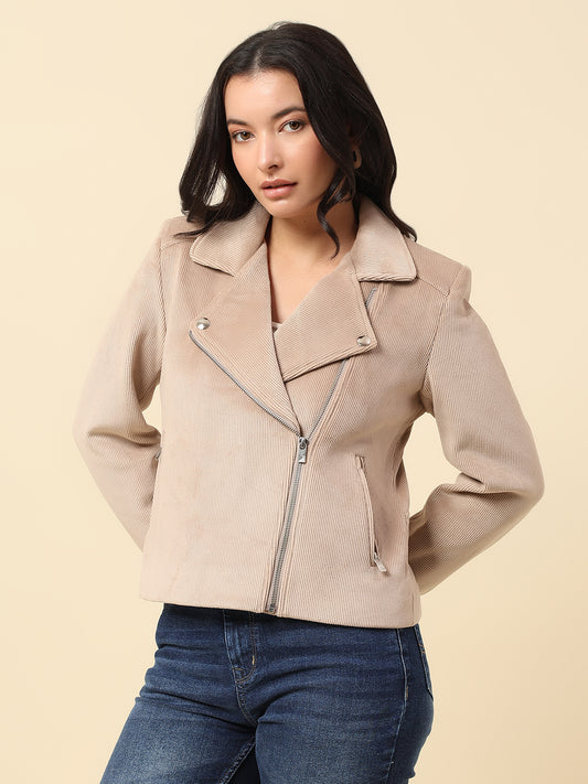 Jacket for Women | Premium Casual Jacket Regular Fit Notched Collar Corduroy Fabric Solid Pattern