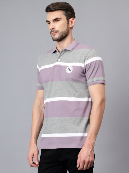 Men's Purple Striped Polo Neck Half Sleeve T-shirt