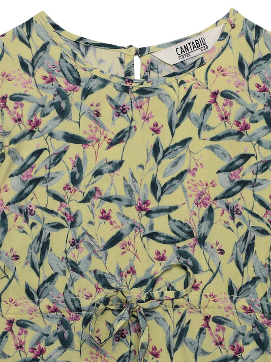Cantabil Girls Rayon Floral Print Round Neck Cap Sleeves Fit and Flare Yellow Casual Dress (7163133984907)