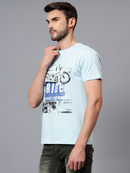 Men's Sky Blue Printed Round Neck Half Sleeve T-shirt